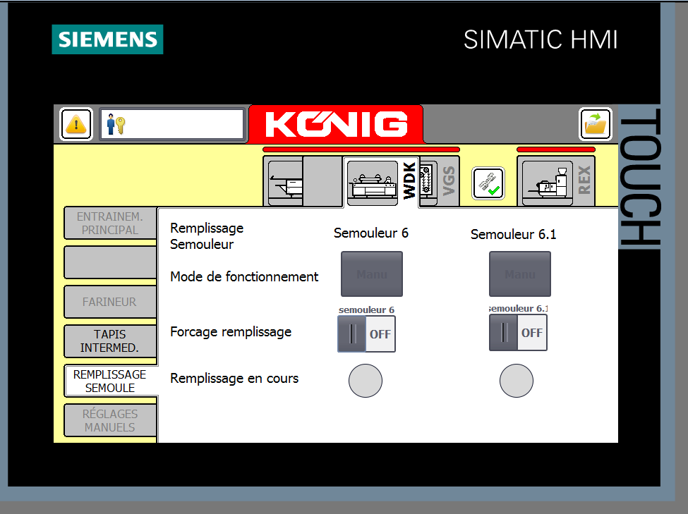 Page IHM Remplissage semoule avec les commandes des semouleurs 6 et 6.1